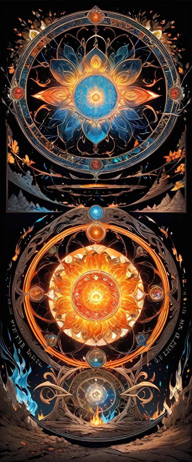 conceptual installation art, 2.5D, delicate and dynamic, reincarnation, the cycle of life, the repeated acts, water, fire, wind, soil, light, darkness, kaleidoscope, magic circle, object art