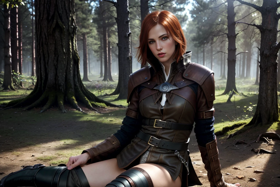 ((masterpiece, Best Quality)), Leliana from Dragon Age, (high detailed leather), legs, (seductive expression:1.2), various poses, fantasy forest background, (HD, 8K Wallpaper, High resolution), cinematic lighting,  intense sunlight, physically based rendering, awarded, extremely detailed skin, Extra detailed face, high detail eyes, Carl Zeiss 85 mm F/1.4, by Ellen von Unwerth