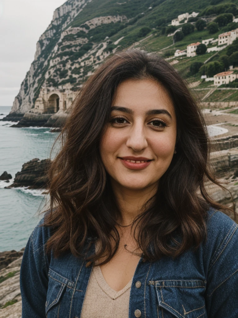 Caseyli, 1girl, solo, 30 years old, (((Georgian face))), (((Georgian nose))), (((Georgian lips))), ((((chubby)))), (((wide hips))), (((dark blonde hair))), wavy medium hair, wearing stylish Generation Z wear, ((Background: rugged coastline)), standing, smiling