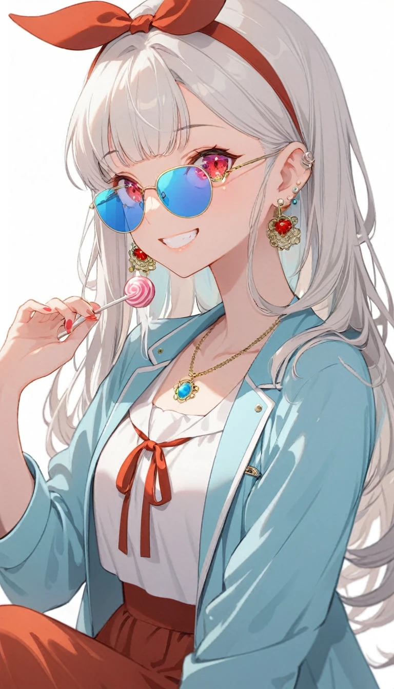 One girl, alone, Long Hair, View your viewers, smile, bangs, ((Blue Jacket)), Red pastel skirt、Red eyes,White hair in the eye、Beautiful eyes that shine、White boater hat with red ribbon、White Jewelry, Sitting, Jacket, Upper Body, Silver Hair、 earrings, Glasses, teeth, Grin, open Jacket, Earrings, sunGlasses, ring, ear Earrings,Colored Glasses, White Background、White background,Umaibo、Candy、PERFECT hands