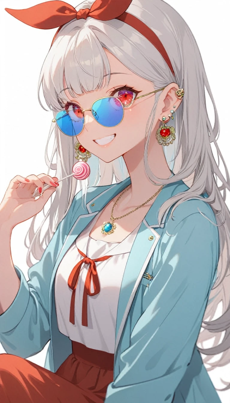 One girl, alone, Long Hair, View your viewers, smile, bangs, ((Blue Jacket)), Red pastel skirt、Red eyes,White hair in the eye、Beautiful eyes that shine、White boater hat with red ribbon、White Jewelry, Sitting, Jacket, Upper Body, Silver Hair、 earrings, Glasses, teeth, Grin, open Jacket, Earrings, sunGlasses, ring, ear Earrings,Colored Glasses, White Background、White background,Umaibo、Candy、PERFECT hands