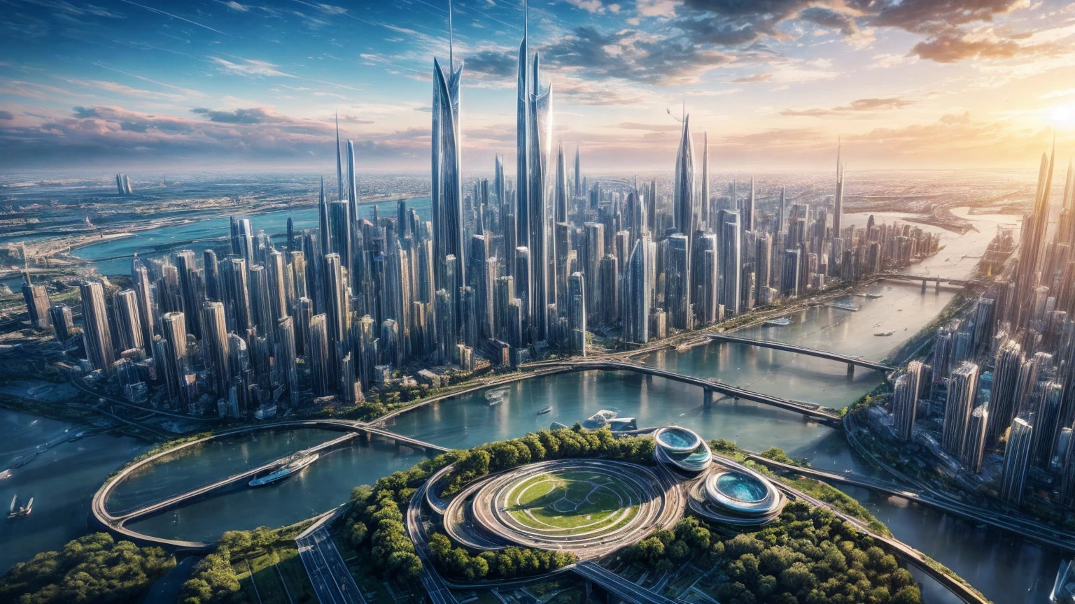 (Best quality,4K,8K,A high resolution,Masterpiece:1.2),Ultra-detailed,(Realistic,Photorealistic,photo-realistic:1.37),Futuristic floating city,Futuristic technology,Huge urban high-tech tablet platform,Airship,Floating in the sky,Futuristic city,Small airships around,High-tech hemispherical platform,Colorful lights,Advanced architecture,modernn architecture,skyscrapper,Access the cloud,Scenic beauty,view over city,Impressive design,Blend seamlessly with nature,energetic and vibrant atmosphere,Futuristic transportation system,Parking is suspended,Transparent path,Lush greenery,Sky gardens,cascading waterfalls,Magnificent skyline,reflections on the water,Sparkling river,Architectural innovation,futuristic skyscrapers,Transparent dome,The shape of the building is unusual,Elevated walkway,Impressive skyline,Glowing lights,Futuristic technology,Minimalist design,Scenic spots,Panoramic view,Cloud Piercing Tower,Vibrant colors,epic sunrise,epic sunset,Dazzling light display,magical ambiance,The future city,Urban Utopia,LuxuryLifestyle,Innovative energy,sustainable development,Smart city technology,Advanced infrastructure,Tranquil atmosphere,Nature and technology live in harmony,Awesome cityscape,Unprecedented urban planning,Architecture connects seamlessly with nature,High-tech metropolis,A cutting-edge engineering marvel,The future of urban living,Visionary architectural concept,Energy-efficient buildings,Harmony with the environment,A city floating above the clouds,Utopian dreams become reality,The possibilities are endless,State-of-the-art transportation network,Green energy integration,Innovative materials,Impressive holographic display,Advanced communication system,Breathtaking aerial view,Quiet and peaceful environment,Modernist aesthetics,Ethereal beauty