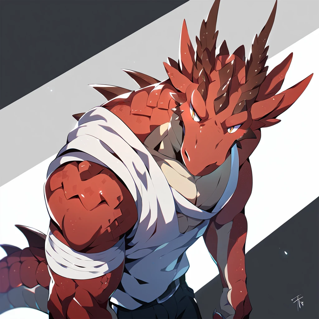 Dragonborn ,red scales, tail, muscle, handsome, Middle Ages , เสื้อMiddle Ages , Fantasy ,The best aesthetics , best quality, Amazing quality, The best aesthetics