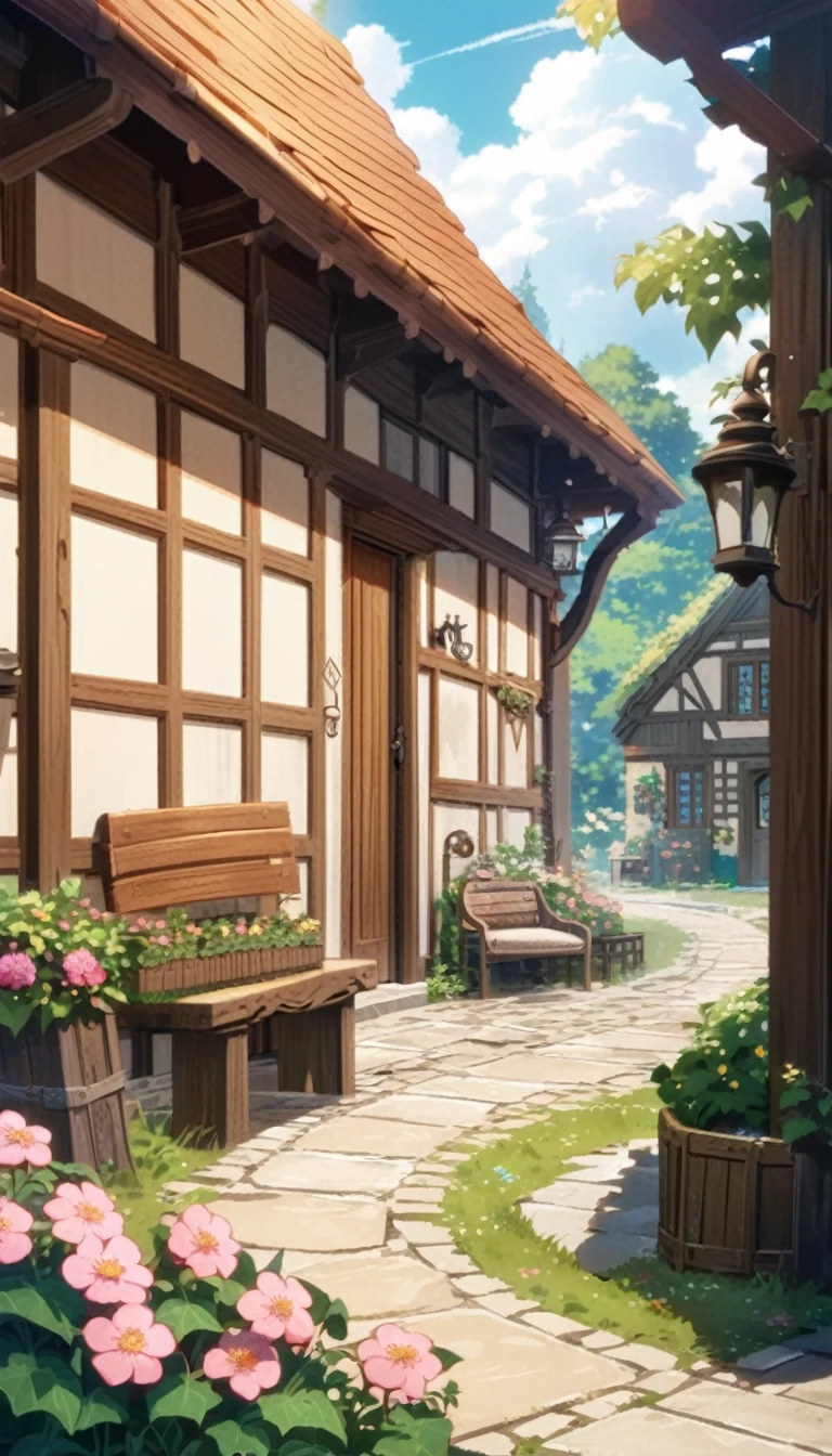 A charming cottage garden with blooming flowers, cobbled paths and wooden benches. In the background is a quaint cottage with ivy-covered walls. Ghibli anime style
