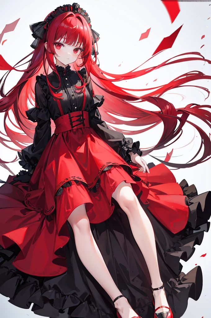 red hair, long straight hair, red eyes, red ruffle dress, black trim on dress, black gloves and shoes, big black ribbon above head, bangs that show the forehead