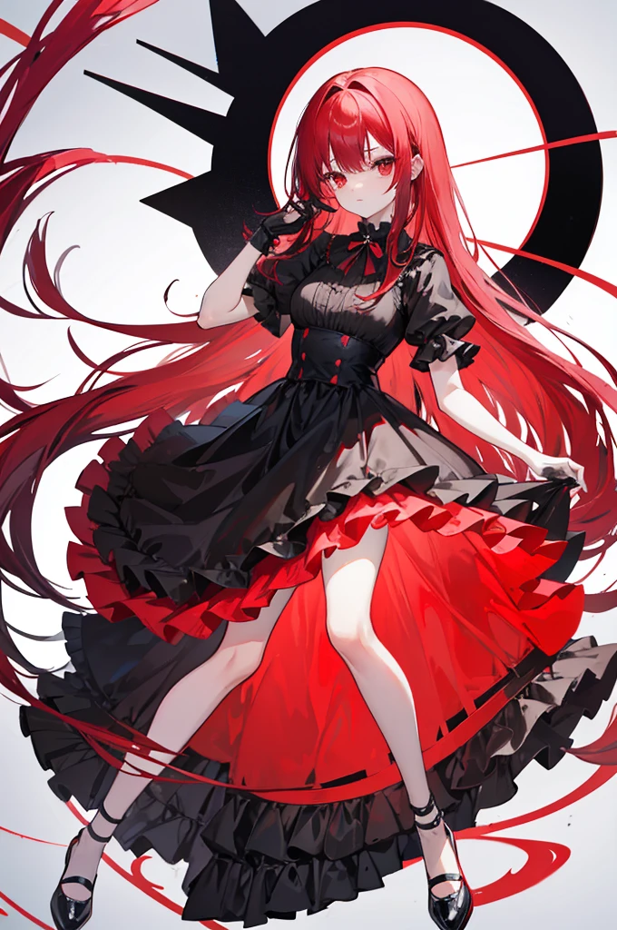 red hair, long straight hair, red eyes, red ruffle dress, black trim on dress, black gloves and shoes, big black ribbon above head, bangs that show the forehead