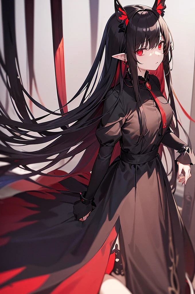 expressionless,,(dark fantasy),((Excellent illustrations)),(splash details), long black hair, red student, girl, pure black dress, Cover only, The cuffs and skirt are dark red., Ears attached to the side with a red butterfly hairpin., Masterpiece, best quality, High quality, earphones,, Red and black crystal necklace, Black knee-length socks