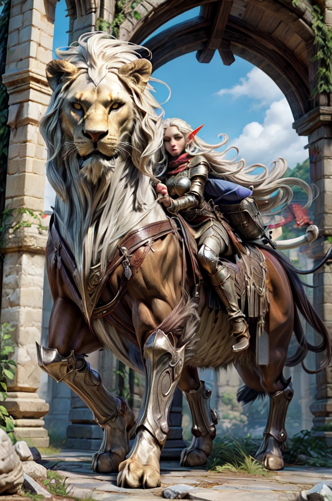 fantasy, a elf paladin girl riding large long mane lion