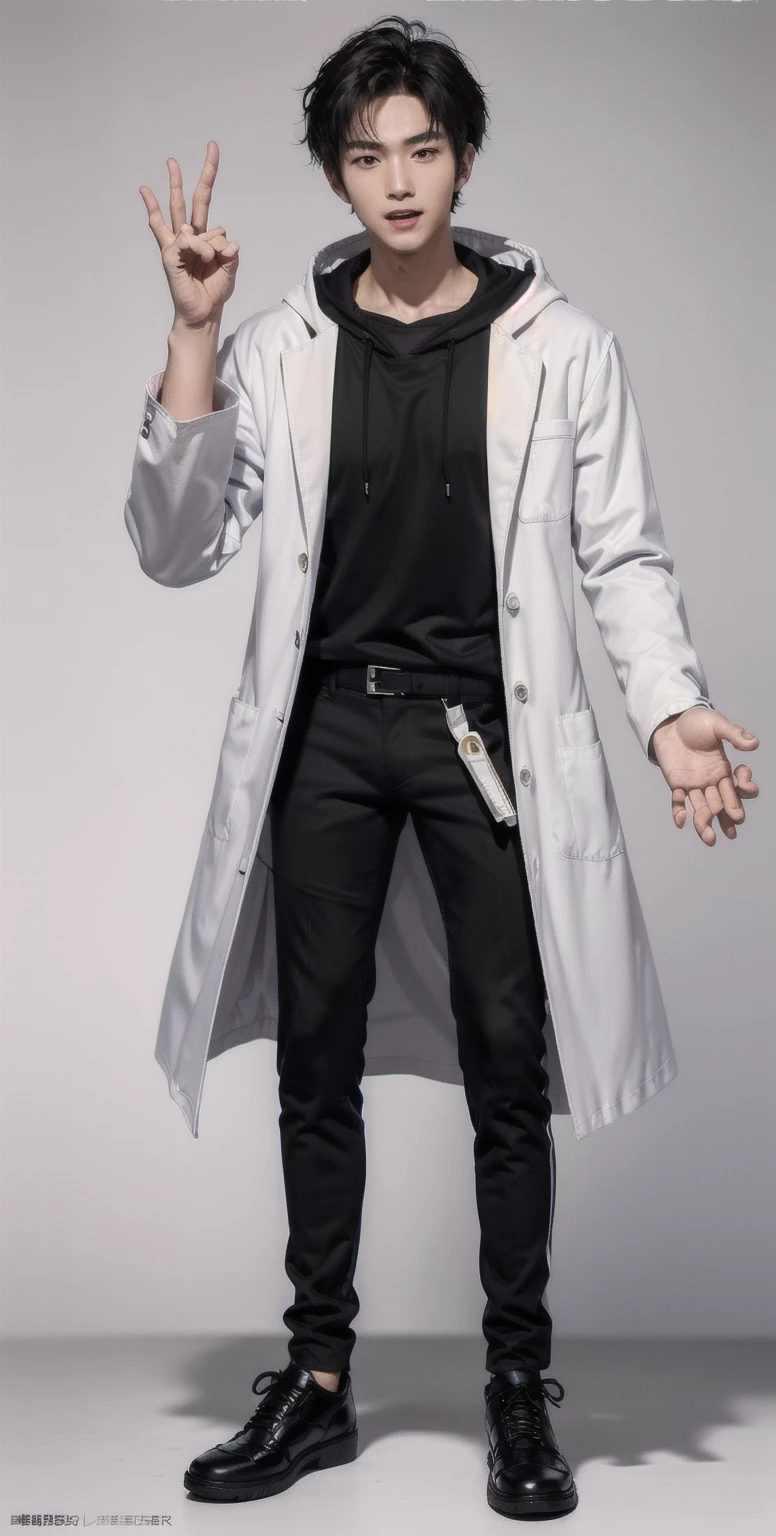 (OK Sign.:1.3),(photorealistic:1.2), (high detail face:1.3), (high detail hands:1.3), (anatomically correct hands:1.2), handsome young asian man, Japanese idol style, short clean-cut hair, ((center part)), (crisp white lab coat:1.3), ((black hoodie underneath:1.2)), (black pants:1.2), (black shoes:1.2), (enthusiastic expression:1.3), ((explain pose:1.4)), (both arms raised:1.3), (clenched fists:1.3), (energetic stance:1.2), plain white background, mid-shot portrait, full body view, high quality, detailed, 8K, (realistic skin texture:1.2), (sharp focus:1.1), (contrast between white coat and black clothing:1.2)