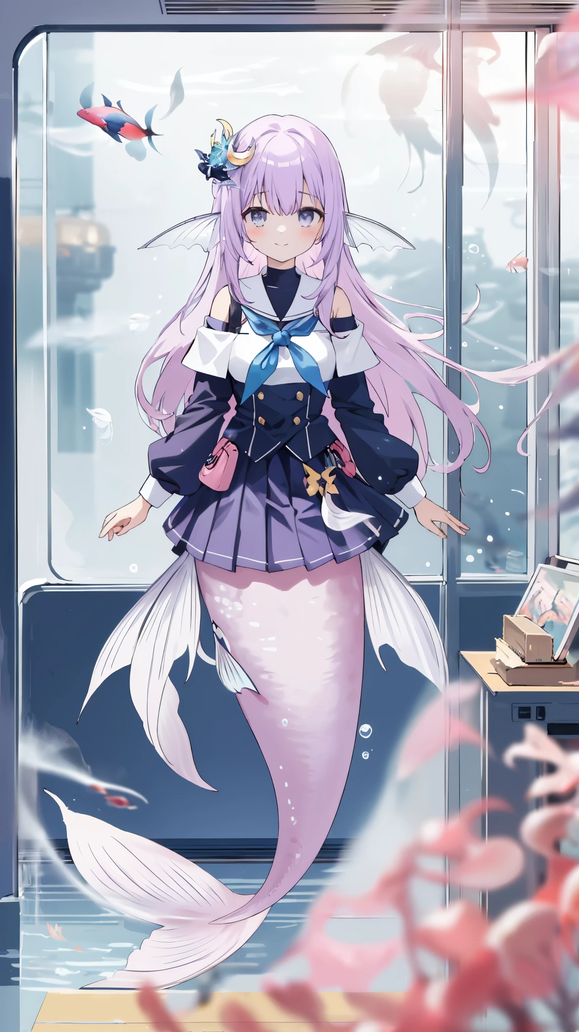 ((best quality, clearly_image)),  1 Girl,Lilac hair,Gray eyes,Bangs,Ji Qie, masterpiece, Smile, Long hair,transportation facilities_against_window,Pink Theme, (in water:1.2), (air bubble:1.3), Inside the train, (surreal:1.2), (jellyfish:1.2), (whale:1.1),(fish:1.2),blurred foreground,Crescent hair ornament,Uniforms,mini skirt,Ruffle skirt,Off-shoulder,Mermaid