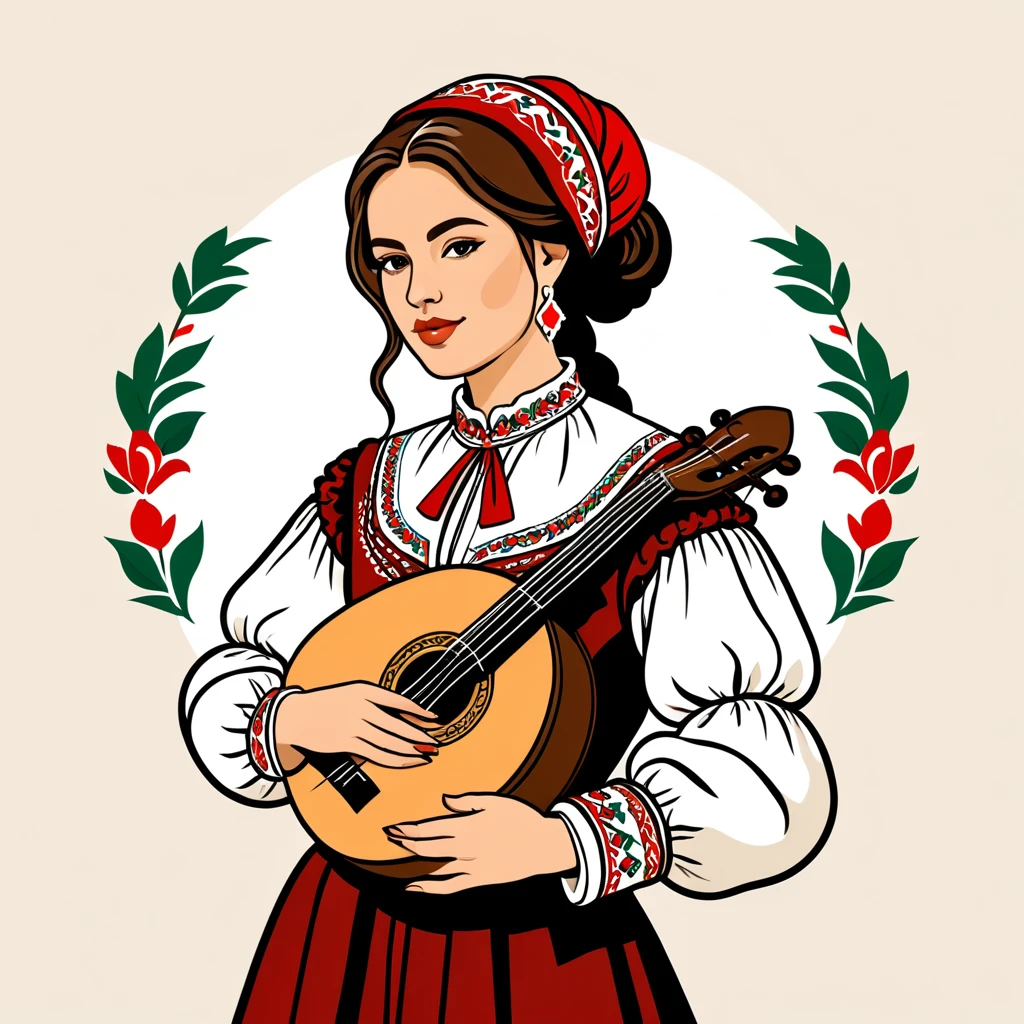 female bard in hungarian folk outfit, vector graphics, strong contours, logo design