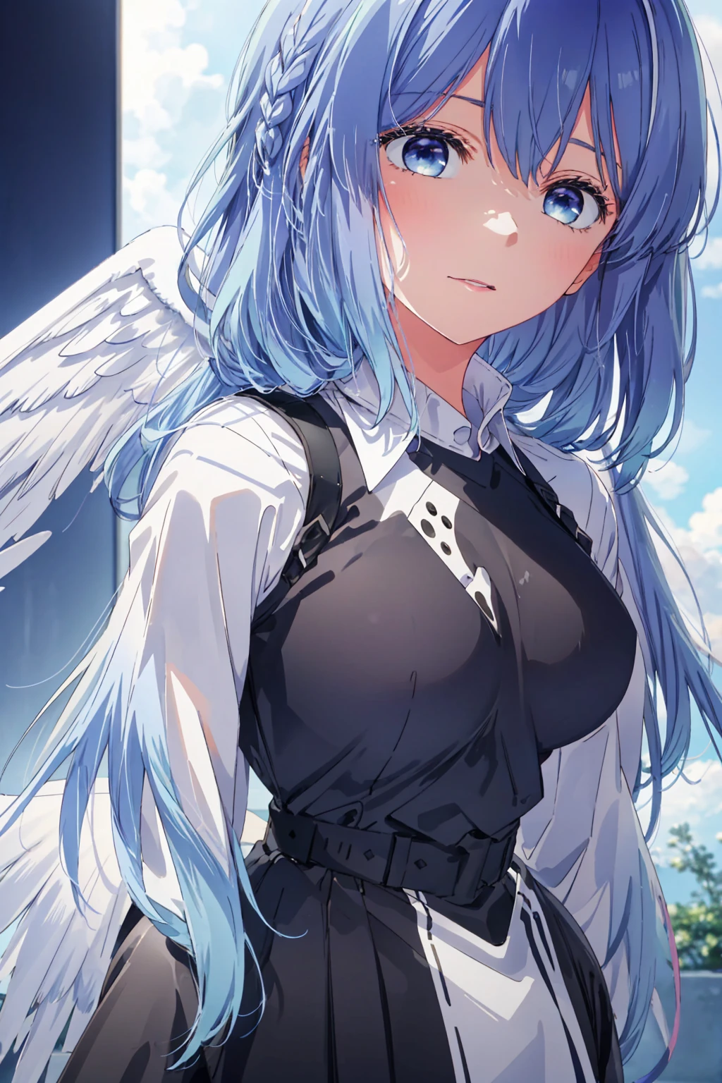 Light blue hair, very light hair, hair sky colour, purple eyes, bare shoulders, shiny skin, shiny hair, twin braids, armor, leather armor, big breasts, shiny armor, angel, big wings, angel wings background, angel girl, solo, 1girl, face focus, large two wings, pretty face, big eyes, white shirt, long sleeve, wings outframe, very big eyes, large wings background,