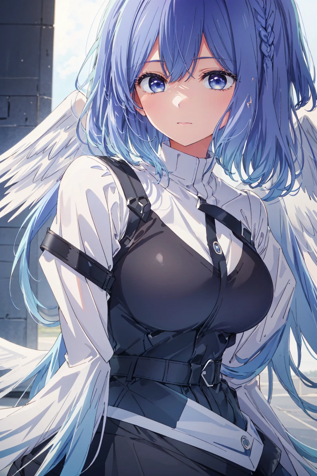 Light blue hair, very light hair, hair sky colour, purple eyes, bare shoulders, shiny skin, shiny hair, twin braids, armor, leather armor, big breasts, shiny armor, angel, big wings, angel wings background, angel girl, solo, 1girl, face focus, large two wings, pretty face, big eyes, white shirt, long sleeve, wings outframe, very big eyes, large wings background,
