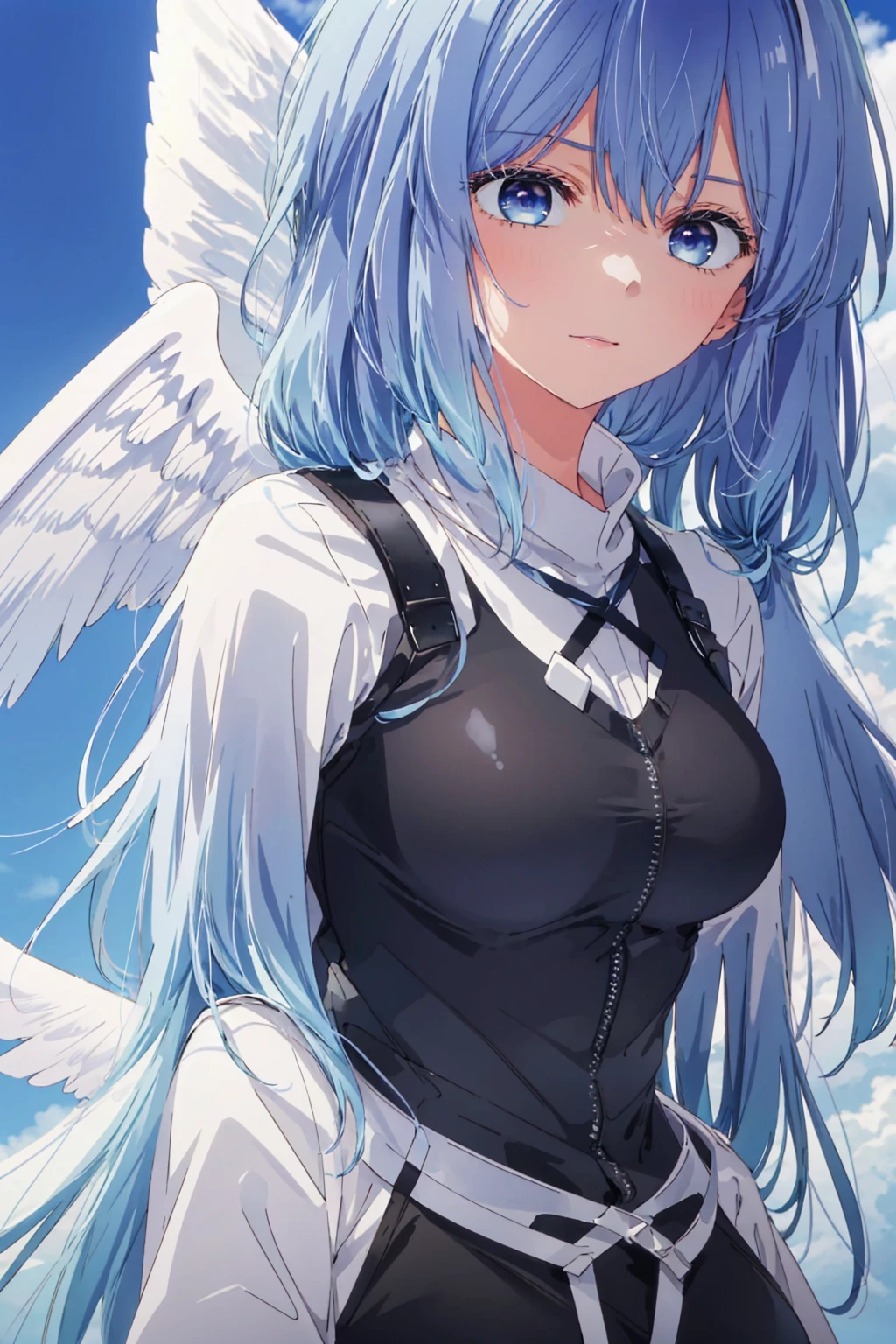 Light blue hair, very light hair, hair sky colour, purple eyes, bare shoulders, shiny skin, shiny hair, twin braids, armor, leather armor, big breasts, shiny armor, angel, big wings, angel wings background, angel girl, solo, 1girl, face focus, large two wings, pretty face, big eyes, white shirt, long sleeve, wings outframe, very big eyes, large wings background,
