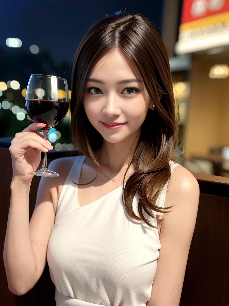 (hair, Ultra-high resolution, Highest quality, masterpiece: 1.2), (Realistic, photoRealistic: 1.37), Very detailed, 1 pretty woman, (slimな顔), (The body is slim), (Brown Hair), (Shortcuts), cheeks turn a little red, (44 years old), 38 years old, alone, 窓の外の美しい詳細な都市のnight景, restaurant, wine glassが座る, nightに, NovaFrogStyle in a prominent place, actress, model, Upper Body, White wine, slim, wine glass, Super Clean night View, wine glass Put in the Middle, Happy smile, (smile: 1.15), Beautiful Eyes, Upper Body, Destroy Japan, night, short, short, actress, model, Upper Body, White wine, slim, wine glass, Super Clean night View, wine glass Put in the Middle, Happy smile,