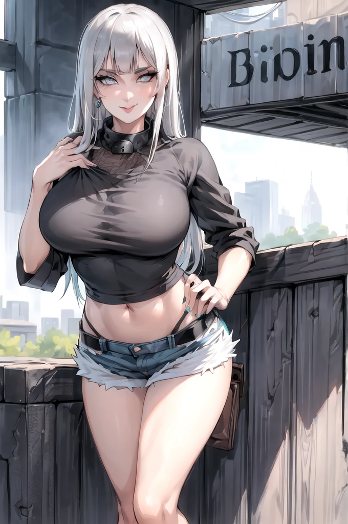 Masterpiece, high quality, 8k, ultra detail, ((kamisatoayakarnd)) standing, night,outdoors, (bandeau), navel, (shorts), (off shoulders), choker, smile, armpit, large breast