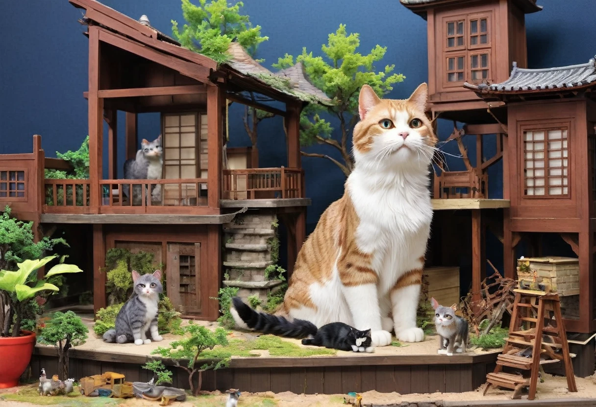(Giant looking cat), A scene of a giant cat playing in a diorama。The cat is curious々I was working on the buildings and accessories.、The diorama is about to collapse。Emphasizes cat curiosity and playfulness、Creates a dynamic composition。