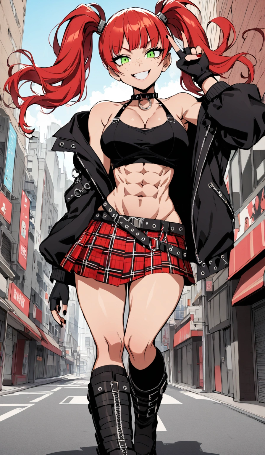 woman, grin, curly red hair in pig tails, green eyes, eye shadow, wearing crop top black shirt, long black jacket, red plaid skirt, (black knee high boots), black finger-less gloves, exposed shoulders, large breasts, freckles, cleavage, slight abs, looking at viewer, Holo-Punk Style, in the city