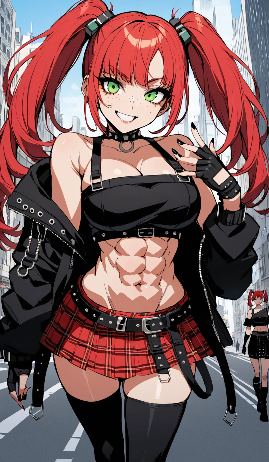 woman, grin, curly red hair in pig tails, green eyes, eye shadow, wearing crop top black shirt, long black jacket, red plaid skirt, (black knee high boots), black finger-less gloves, exposed shoulders, large breasts, freckles, cleavage, slight abs, looking at viewer, Holo-Punk Style, in the city