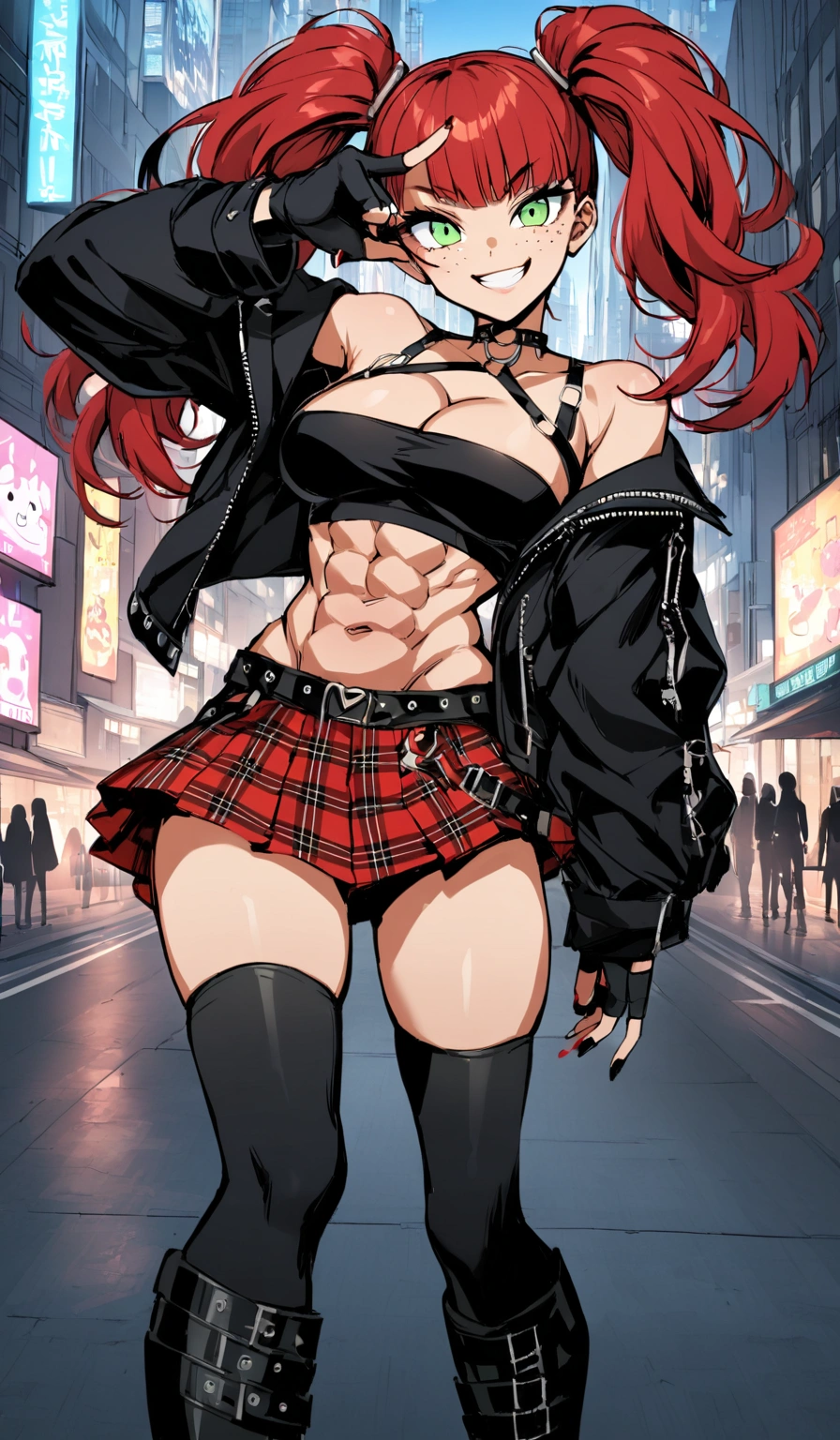 woman, grin, curly red hair in pig tails, green eyes, eye shadow, wearing crop top black shirt, long black jacket, red plaid skirt, (black knee high boots), black finger-less gloves, exposed shoulders, large breasts, freckles, cleavage, slight abs, looking at viewer, Holo-Punk Style, in the city