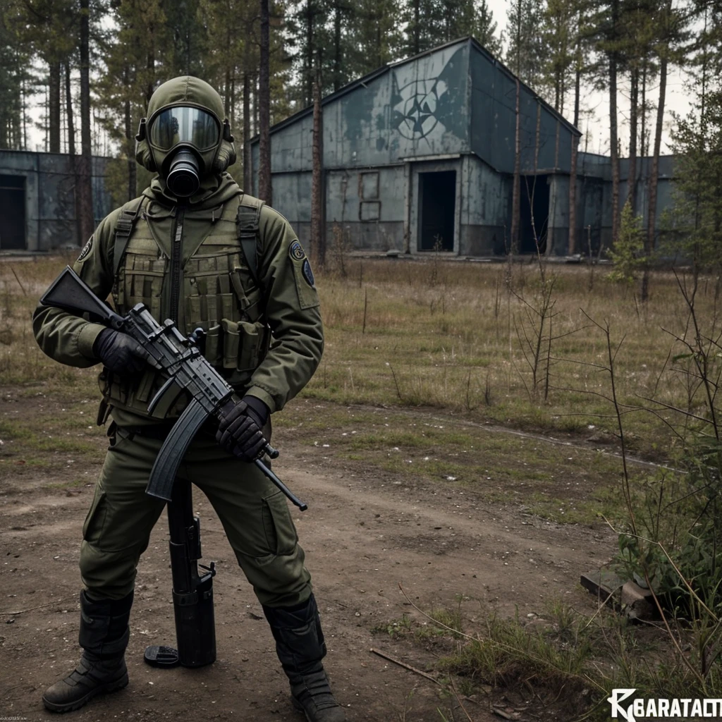 Draw me a logo of a character from the game S.T.A.L.K.E.R standing infront of Chernobyl holding a ak-74 with a GP-5 gas mask with the caption STALKER underneath all of it