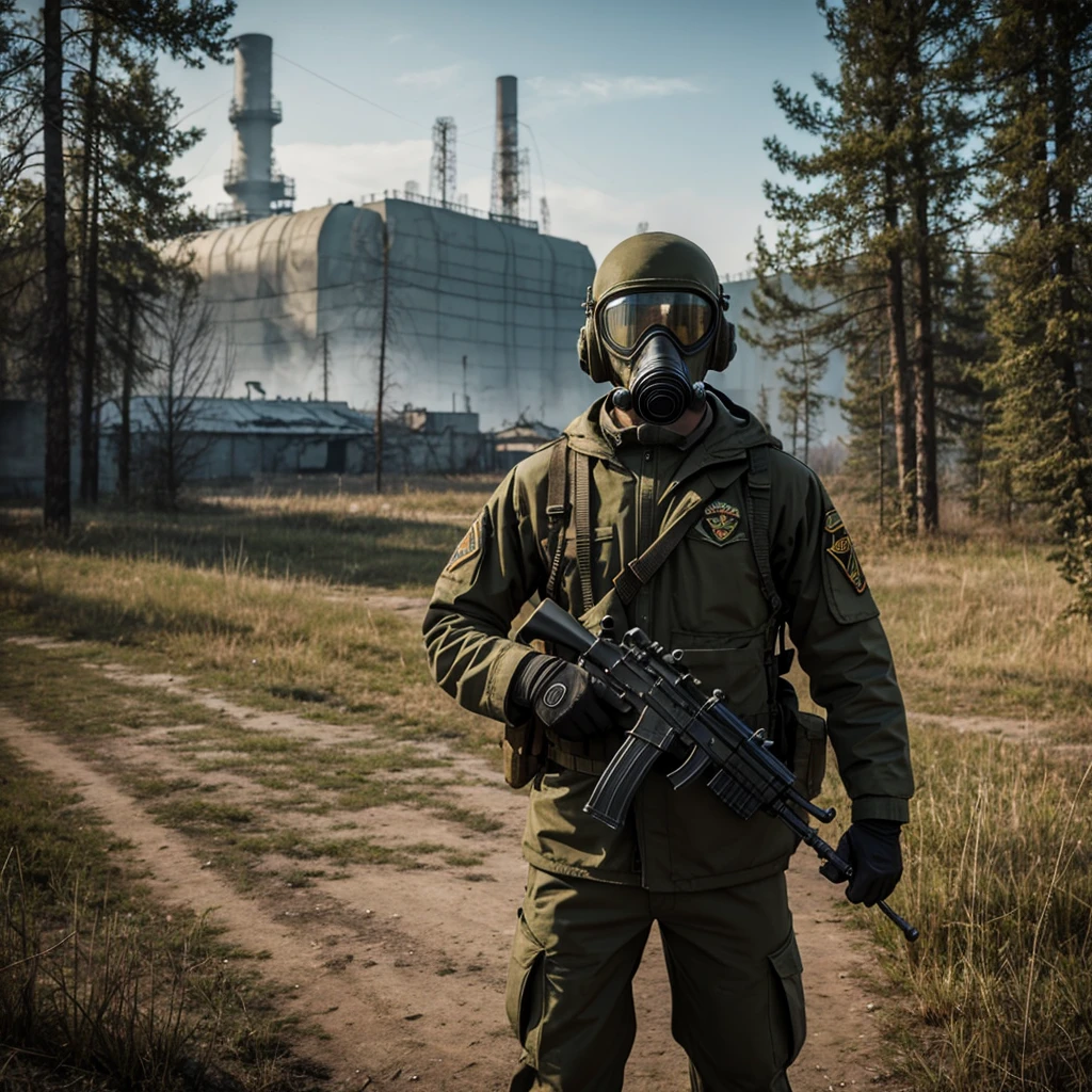 Draw me a logo of a character from the game S.T.A.L.K.E.R standing infront of Chernobyl holding a ak-74 with a GP-5 gas mask with the caption STALKER underneath all of it