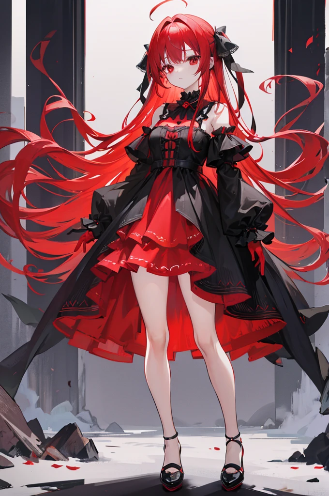 red hair, long straight hair, red eyes, red ruffle dress, black trim on dress, black gloves and shoes, big black ribbon above head, My entire forehead is visible.