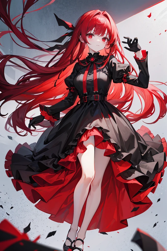 red hair, long straight hair, red eyes, red ruffle dress, black trim on dress, black gloves and shoes, big black ribbon above head, My entire forehead is visible.