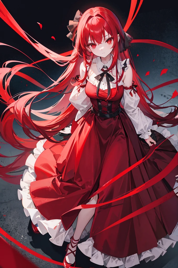 red hair, long straight hair, red eyes, red ruffle dress, black trim on dress, black gloves and shoes, big black ribbon above head, My entire forehead is visible.