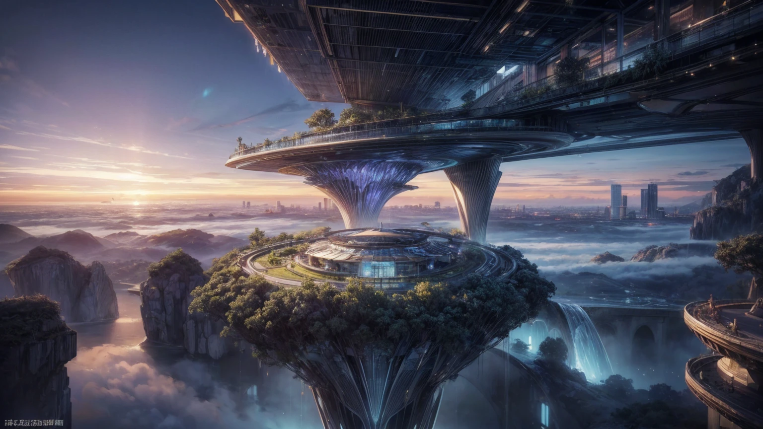 (Best quality,4K,8K,A high resolution,Masterpiece:1.2),Ultra-detailed,(Realistic,Photorealistic,photo-realistic:1.37),Futuristic floating city,Futuristic technology,Huge urban high-tech tablet platform,Airship,Floating in the sky,Futuristic city,Small airships around,High-tech hemispherical platform,Colorful lights,Advanced architecture,modernn architecture,skyscrapper,Access the cloud,Scenic beauty,view over city,Impressive design,Blend seamlessly with nature,energetic and vibrant atmosphere,Futuristic transportation system,Parking is suspended,Transparent path,Lush greenery,Sky gardens,cascading waterfalls,Magnificent skyline,reflections on the water,Sparkling river,Architectural innovation,futuristic skyscrapers,Transparent dome,The shape of the building is unusual,Elevated walkway,Impressive skyline,Glowing lights,Futuristic technology,Minimalist design,Scenic spots,Panoramic view,Cloud Piercing Tower,Vibrant colors,epic sunrise,epic sunset,Dazzling light display,magical ambiance,The future city,Urban Utopia,LuxuryLifestyle,Innovative energy,sustainable development,Smart city technology,Advanced infrastructure,Tranquil atmosphere,Nature and technology live in harmony,Awesome cityscape,Unprecedented urban planning,Architecture connects seamlessly with nature,High-tech metropolis,A cutting-edge engineering marvel,The future of urban living,Visionary architectural concept,Energy-efficient buildings,Harmony with the environment,A city floating above the clouds,Utopian dreams become reality,The possibilities are endless,State-of-the-art transportation network,Green energy integration,Innovative materials,Impressive holographic display,Advanced communication system,Breathtaking aerial view,Quiet and peaceful environment,Modernist aesthetics,Ethereal beauty