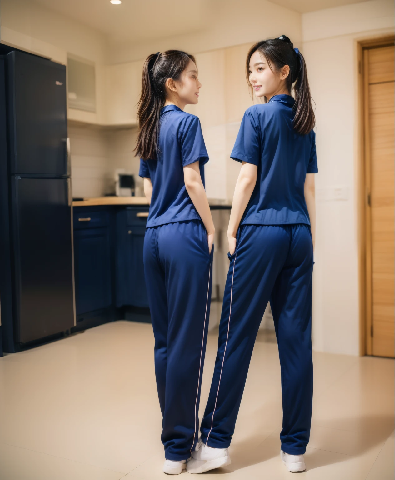(best quality,10,10,height,Masterpiece:1.2),Special details,(realistic,ภาพrealistic,Realistic photos:1.37),1 Cute girl in the kitchen,shiny, ผิวshiny,only,smile softly,BDclothelue shirt:1.3)),short sleeve,shirt, กางเกงขาlong.,(navy_long_track pants:1.1), ((Kitchen Background)),Dynamic angle,excited,Face focus,dynamic poses,from behind,focus on ass,Masterpiece, best quality, ultra realistic, hyper detail, 8k resolution, raw photos, Sharp focus, ((Navy blue shirt:1.1)), short sleeve, เส้นทางlong, perfect body, 2 mature women, 18 years old, Cinema-grade lighting system,blue sweatpants,shirtผ้าออกกำลังกาย,correct anatomy,perfect body, correct body, Sharp face, correct bodyทางกายวิภาค, full body, realistic gestures, long-haired, realistic poses,Wear long shorts...........................,ช่วงขาlong,Good shape,carved girl, Slender figure, model, Good shape, beautiful body,blue sweatpants, two girls kissing