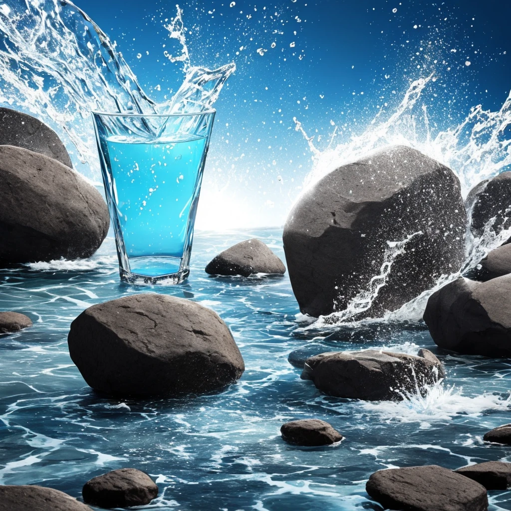 create an image, a glass of water is splashed with a large rock, the rock melts