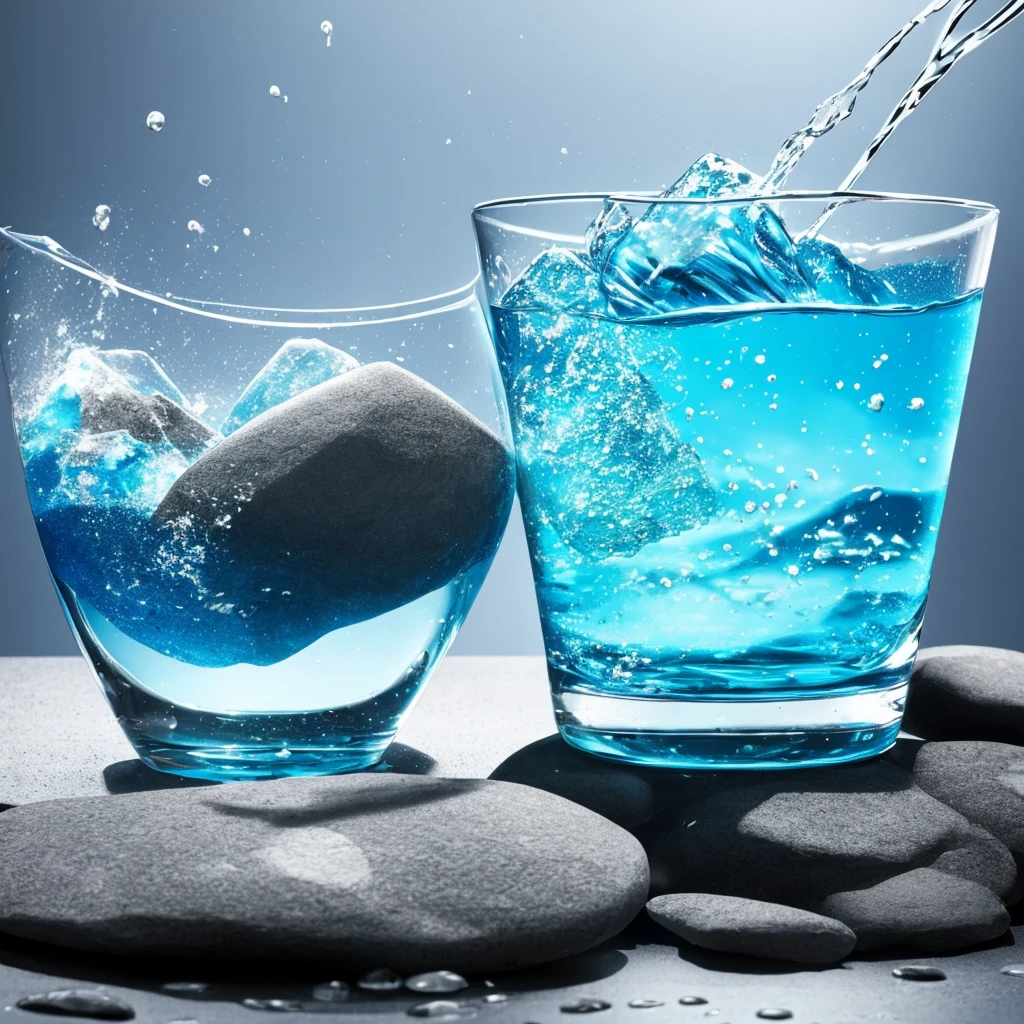 create an image, a glass of water is splashed with a large rock, the rock melts