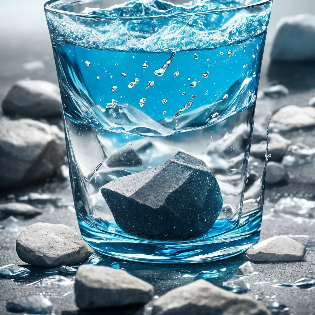 create an image, a glass of water is splashed with a large rock, the rock melts