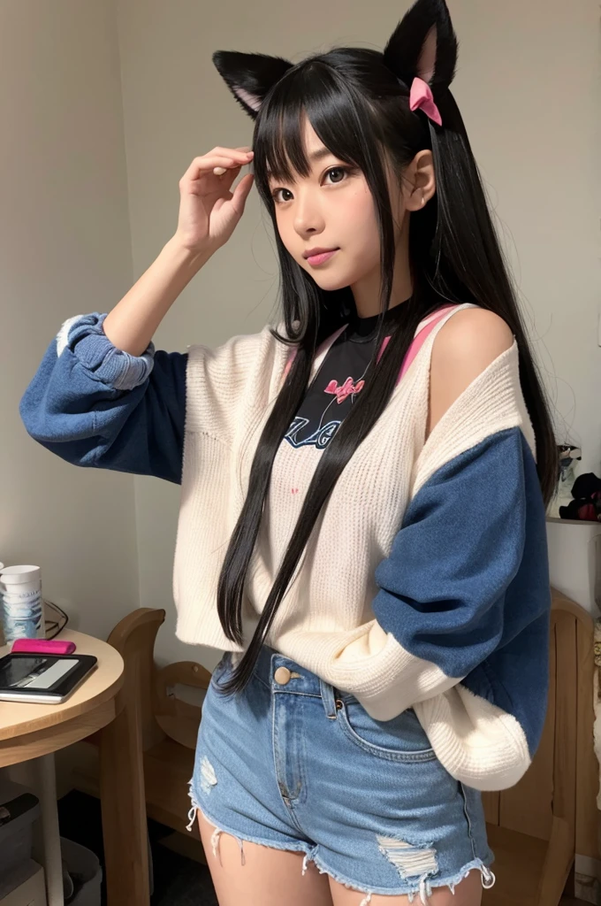 photorealistic, high resolution, 1 girl, ponytail blue hair, Korean, blue eyes, small mole below the eye, loose white shirt, tight jean shorts, medium chest, perky, thick thighs