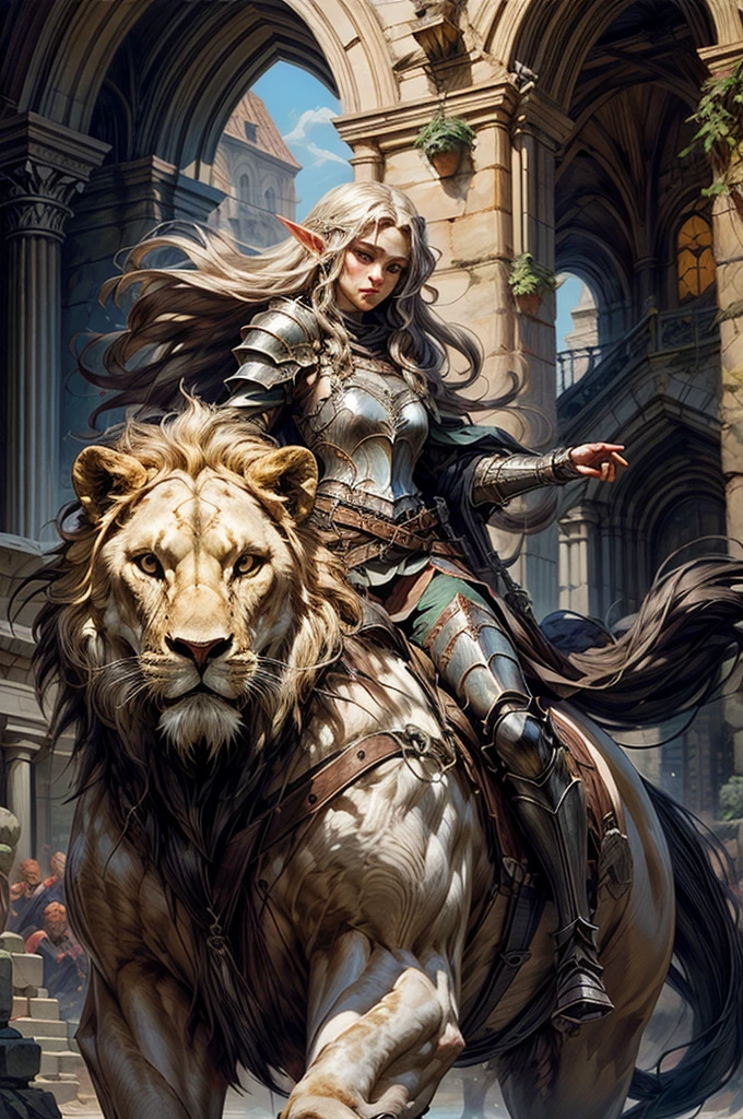 fantasy, a elf paladin girl riding large long mane lion. oil painting