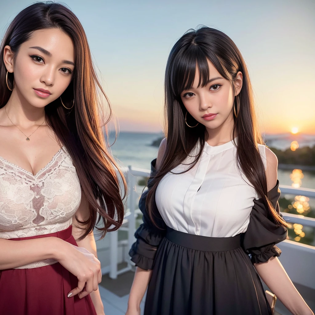 (Realistic:1.2),(masterpiece,Highest quality),8k,((men and women)),Age 35,37 years old、最高のsmile、Happy Couple, Full course dinner at the table、Wine Party、wine glass、White wine、sparkling wine、red wine、Upper Body、Tight waist,Perfect Anatomy, Brown Hair, short hair,Random Hairstyles,Amazing view of the sunset sky and clouds、Long sleeve shirt、dress,((Highly detailed face and eyes:1.2))(Cute Face:1.4),Beautiful actress face,Perfect golden ratio face,woman'suit、Nice,(smile:1.2)、