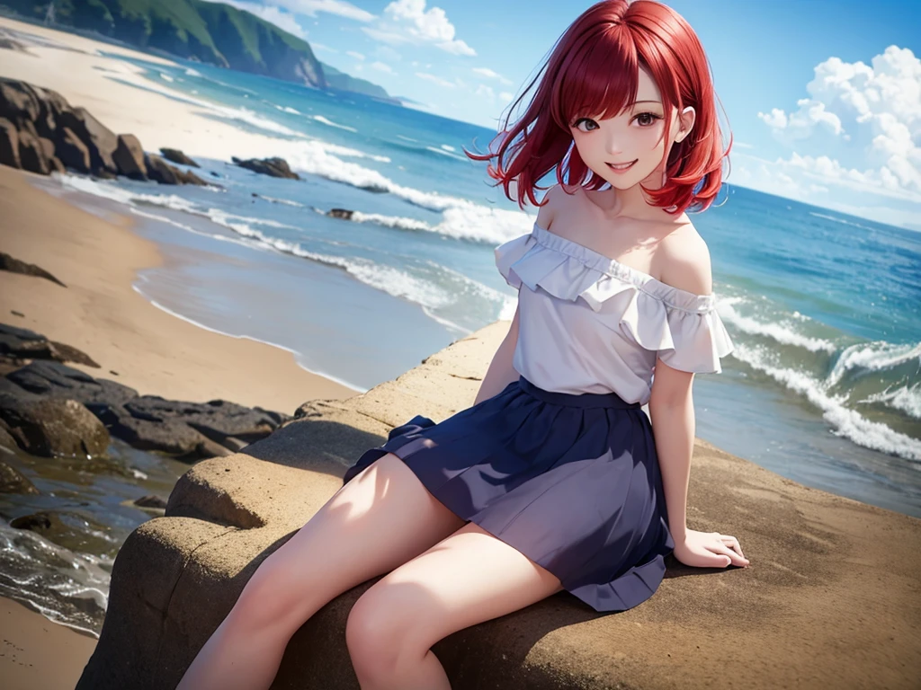 Full Body Shot、Oil、masterpiece、Highest quality、High resolution、Red hair、length、Bob Hair、small、Fluffy chiffon skirt、Beach、Coastal、blue sky、Off-the-shoulder shirt、university student、smile