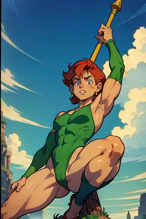 a redhead cartoon character dressed in a green leotard, very muscular, a young male wizard, 1980s cartoon, animated episode still, Presto (((mad)))