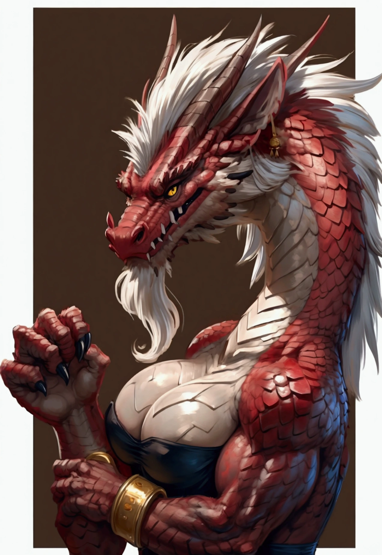 (antro)) Officer Flint, dragon, ross tran, by ruan jia, by zaush, by foxovh, by lindasexyrobutts, by cervina_7, by sligarthetiger, best quality, masterpiece, Illustrataion, wallpaper, 1 girl in, Aggressive Female Dragon and bestial, ((red scales 1,2)), ((sharp and thorny scales: 1,3)) Scaly skin, ((large claws)), ((black claws, dragon face: 1,2)), ((dragon face: 1,3)) muscle, tomboy, thicc, ((beast:1,2)), ((spiky hair:1,2)), ((spiny hair)), white horns, yellow eyes , white tips like a crocodile, human body, scaly skin, red party dress, hairy artistic drawing, city background, aggressive, gold bracelets, alone, hair, mohawk haircut on one side, 3 point piercings on 2 rows along the snout, dragonish, multiple gold piercings in the ears, yellow eyes, bright eyes, brusque female dragon and discolored girl, rude and extremely discolored eyes and face, ((red dragon:1,2)), ((aggressive dragon)), beautiful faded eyes, natural turn, looking at viewer, horrible thighs, big butt, tall figure, curves, feminine, cute, big breasts, natural breasts, tail, e
tall, aggressive, conceited and superior in expression, wide hips, thin waist, firm muscles. marked abomen, wide and muscular arms, wide hips, big ass, giant breasts, aggressive, Tomboy, ((sexy and powerful poses:1,2)), ((volcanic background)) showing the muscles of his arms and taking a step from the front, ((powerful postures)) Placing one hand on his waist and the other showing his biceps, ((showing his muscles1,2)) raising one hand to show his muscles. ((Hairy appearance more animalistic than feminine: 1,2)), broader muscles ((wild:1,2)). 8K.