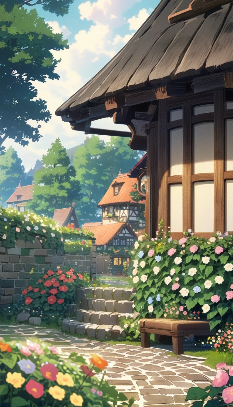 A charming cottage garden with blooming flowers, cobbled paths and wooden benches. In the background is a quaint cottage with ivy-covered walls. Ghibli anime style