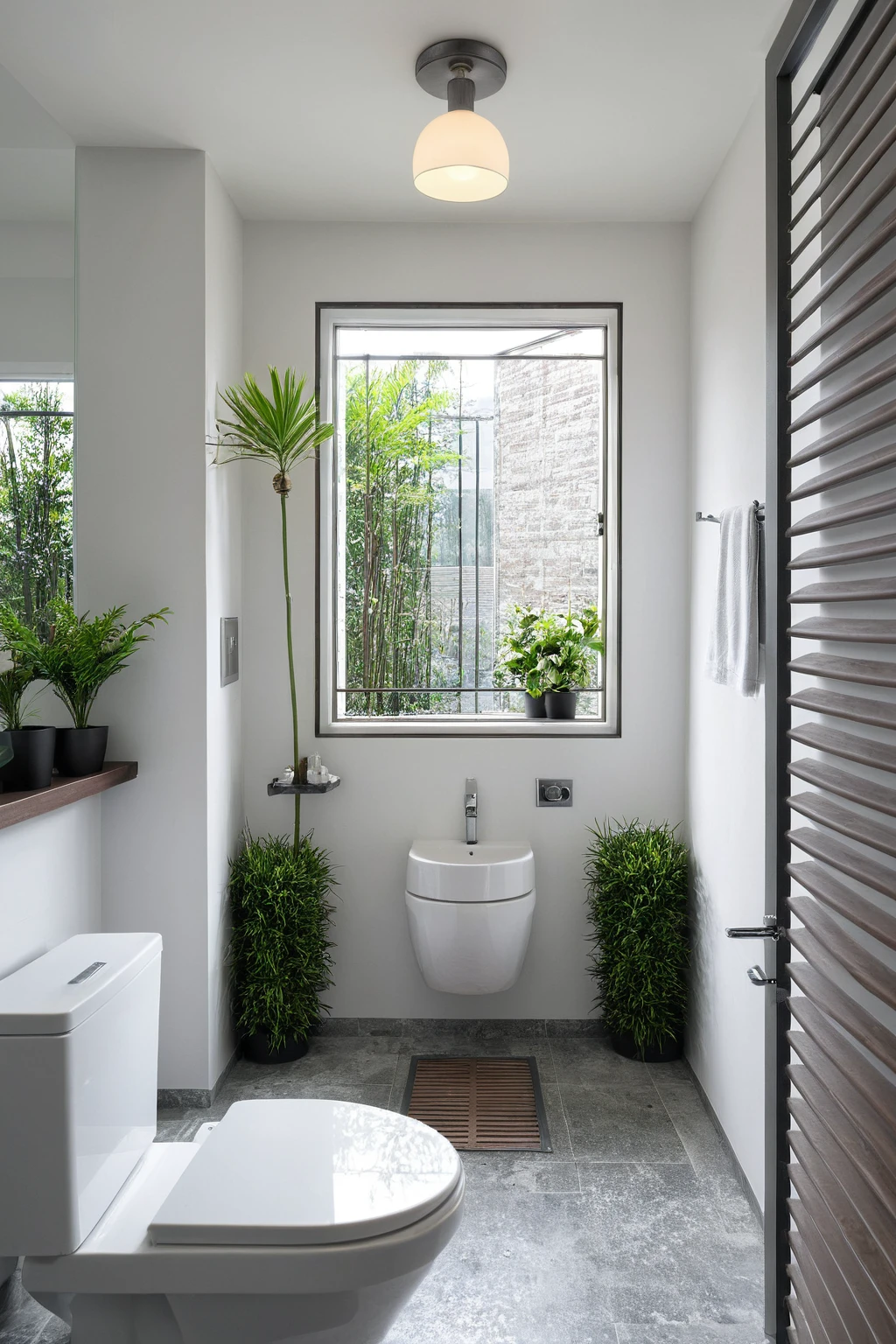 Masterpiece, high quality, best quality, realistic, super detailed, outdoor, toilet, modern style, white wall, plants, sky, equipment, (daylight: 1.1 )