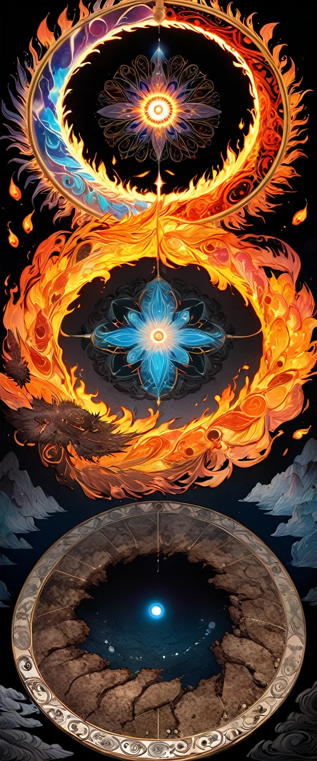 conceptual installation art, 2.5D, delicate and dynamic, reincarnation, the cycle of life, the repeated acts, water, fire, wind, soil, light, darkness, kaleidoscope, magic circle, object art
