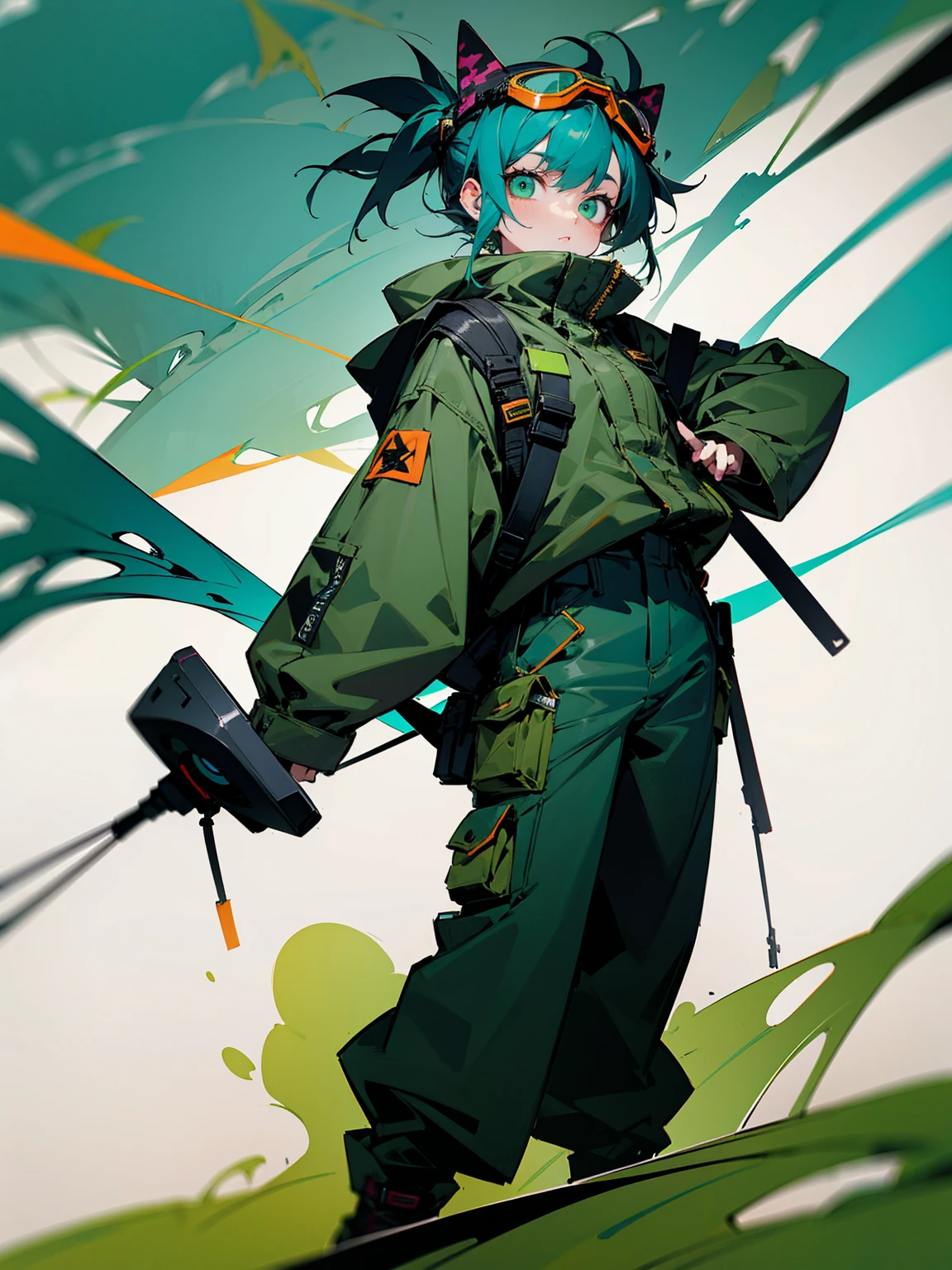 1female, mask, teal hair, goggles, green eyes, camo jacket, black baggy pants, apathetic expression