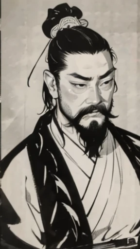 (((whole body))),((Monochrome)),(((Ink Painting))),Oriental、Young man、Men in ancient Chinese costumes、(ancient chinese hairstyle male)、As seen in the Romance of the Three Kingdoms々military commander、Highest quality、masterpiece、Ultra-high resolution、(Realistic:1.4)、Game Poster、Crisp and beautiful image quality、Beard、Embroidered cloth wrapped around a bun、whole body ,(Skin of color, ),(あごBeard):1.2), (Very detailed, bloom:1.5), (Highest quality, Concept Art, 4K), (og:1.2), (high sharpness), (Detailed pupil:1.1), Detailed face and eyes, masterpiece, Highest quality, (Very detailed photos:1.1), 8k, (Dynamic Short Hair), (PurerosFace_v1:0.2), [:(Detailed face:1.2):0.2], sharp, Shadow, 