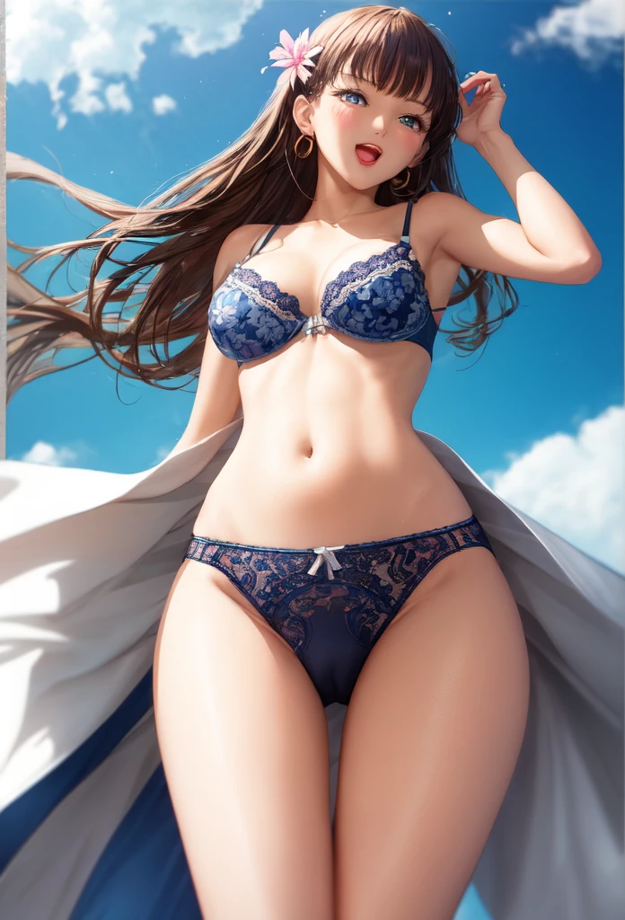 A beautiful girl wearing a navy blue dress posing for a photo, anime girl, in the park, ta style dress with ruffles and lace, (flower printed elegant dress skirt), low-cut chest, blue sky and white clouds, windy day, white stockings above the knee, (looking at the viewer), brown hair, bangs, swept bangs, long hair, wavy hair, shiny hair, expressive hair, hair flower, hair ribbon, jewelry, aqua eyes, glowing eyes, pupils sparkling, earrings, open mouth, blush, tongue, happy, red lips, glossy lips, upper teeth, naughty face, big rounds breasts, slim waist, beautiful and detailed legs, cute thighs, full body, well defined body, fine lace panties, (showing elegant panties:1.4), exposed panties, skirt lift, upskirt, wind blowing up dress skirt, high detail, ultra-detailed, anime, dithering, beautiful illustration, depth of field, pov, low angle, from below, perspective, panorama, game cg, NSFW, Wide-Angle, f/1.8, 85mm, Sony FE GM, 8k, super detail, UHD, retina, masterpiece, accurate, anatomically correct, textured skin, highres, 16k