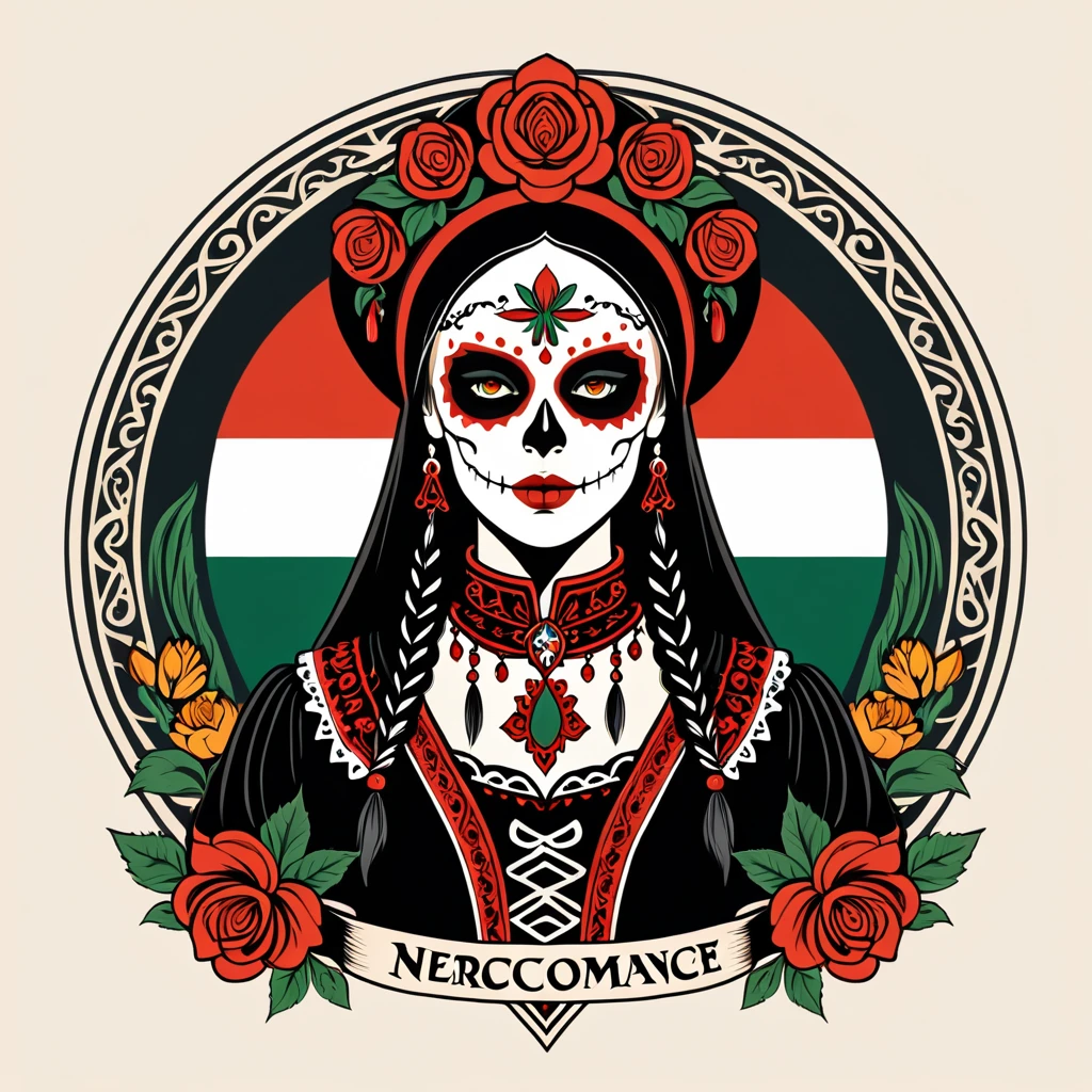 female necromancer in hungarian folk outfit, vector graphics, strong contours, logo design