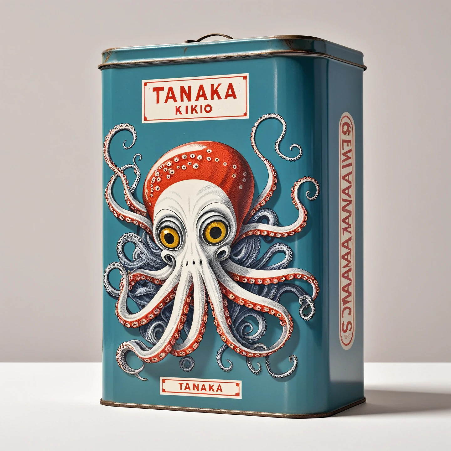 Human with octopus head in traditional flat sardine tin, logo, Tanaka Ikko, fl4tstyle3, modernist.