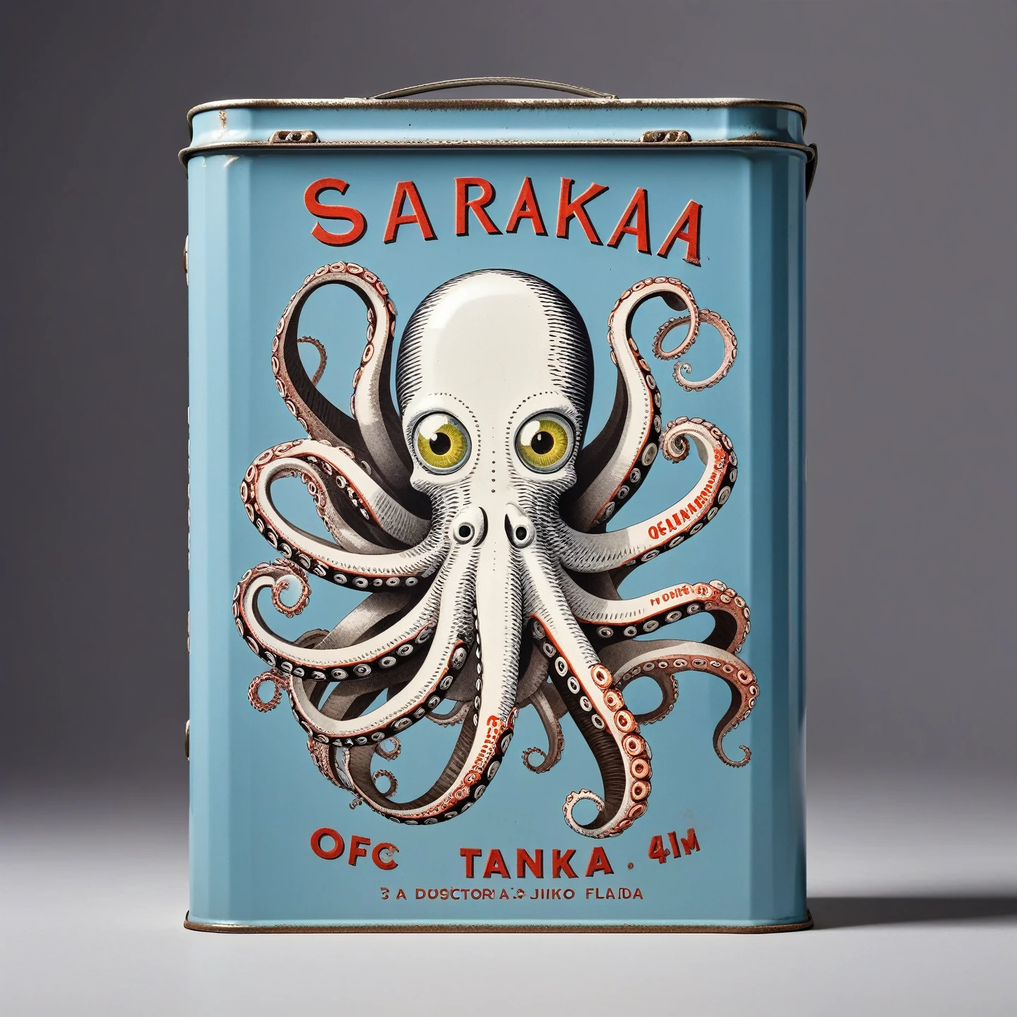 Human with octopus head in traditional flat sardine tin, logo, Tanaka Ikko, fl4tstyle3, modernist.