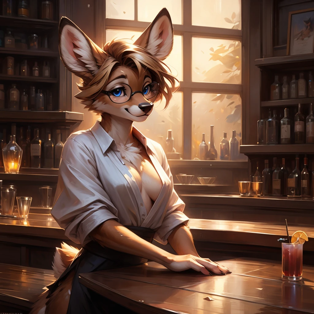 uploaded on e621, by Pixelsketcher, by Bayard Wu, by Thomas Benjamin Kennington , by Einshelm, by hioshiru and kenket, Chunie, portrait, solo anthro female deer doe, tiny breasts, clear dark blue eyes, cinematic lighting, sitting on a bar counter, sitting inside at a bar, night club background, shiny, shoulder length blonde hair, wears small black glasses, very very beautiful furry art, furry art, thoughtful, shiny, feminine, cute face, muzzle, fluffy chest, flawless face, Fallow deer, 1girl, Sakimichan is beautiful, Masterpiece, Wavethesallow Face, shiny, Detailed image, Detailed background, portrait, Detailed image, portrait, wears pure white wide, big blouse, shiny, realistic face, perfect anatomy, hourglass body, anthropomorphic deer, happy, very happy, small ears, huge black nerd glasses, wide happy eyes, smiles, big smile, holdind a cocktail glass, hourglass body, (furry body:1.1), anthropomorphic deer, small fluffy tail, detailed background, (cute anatomy:1.1), winking at viewer, sexy, sexy look, pulling open blouse to show bare breast